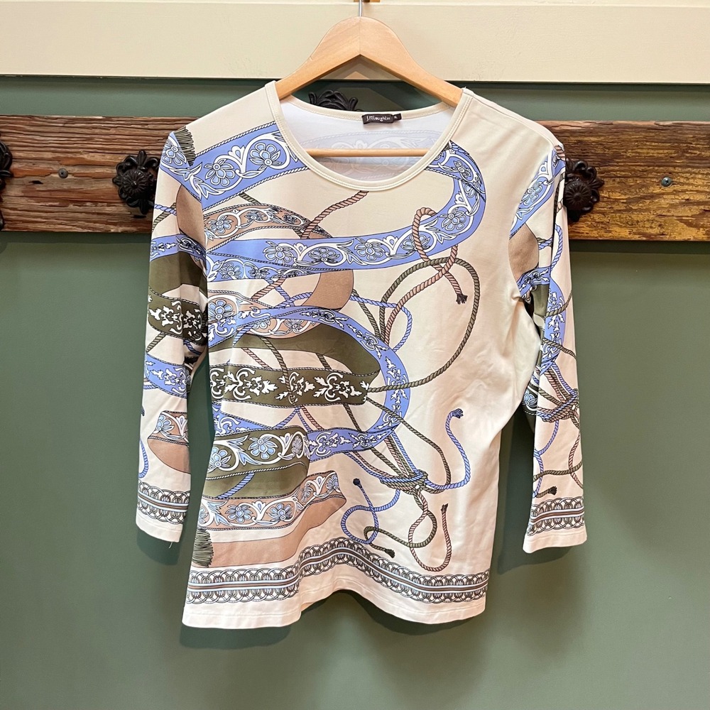 J.McLaughlin Women XL Equestrian Rope Print Long Sleeve Top Cream Blue Olive